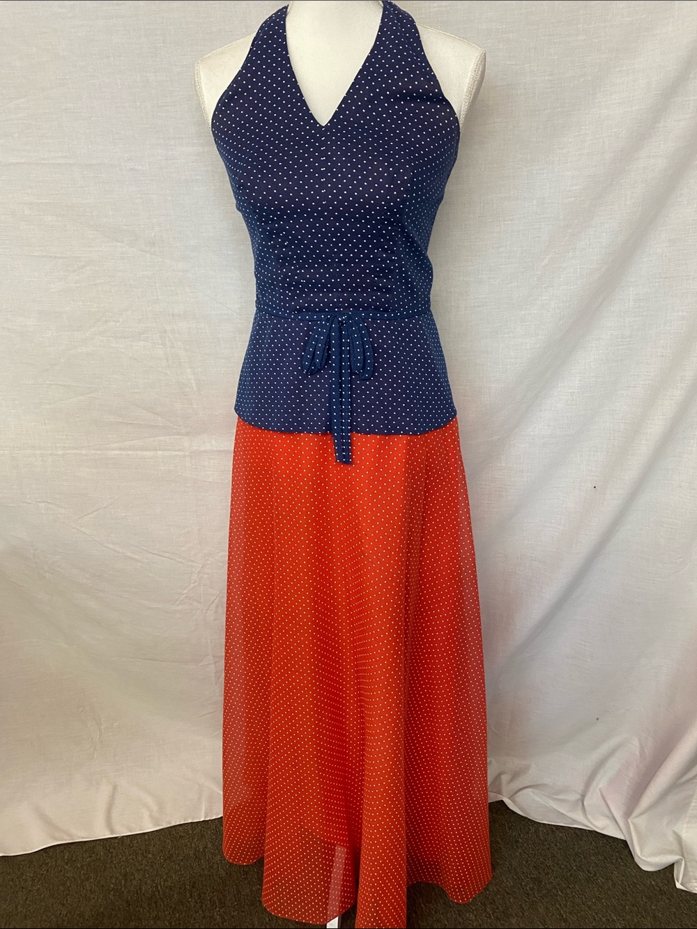 Vintage Navy and Red Polka Dot Two-Piece Skirt Set With Matching Scarf